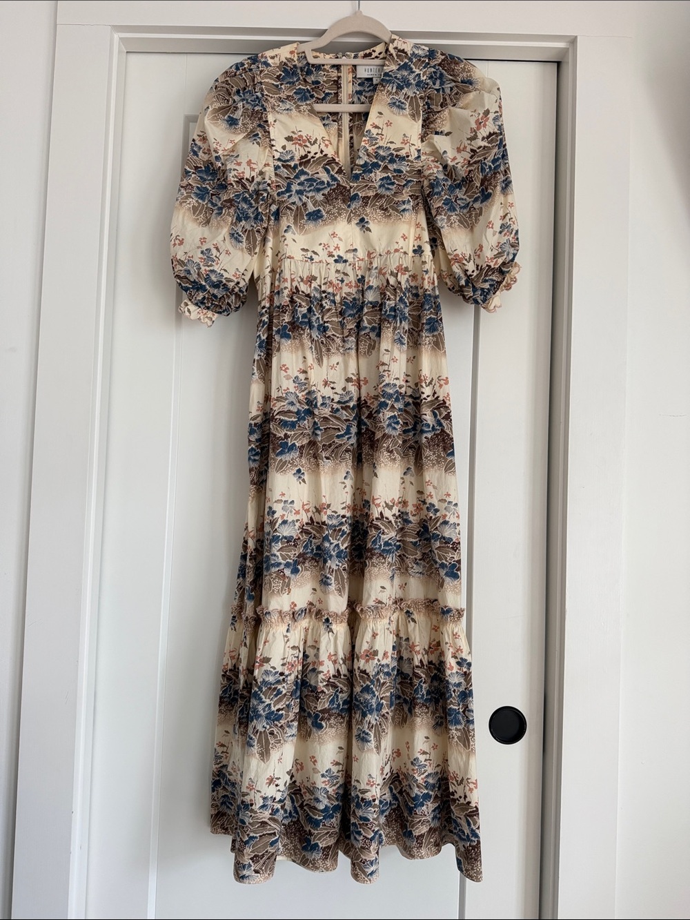 Cream Floral Tiered Maxi Dress with Blue Print